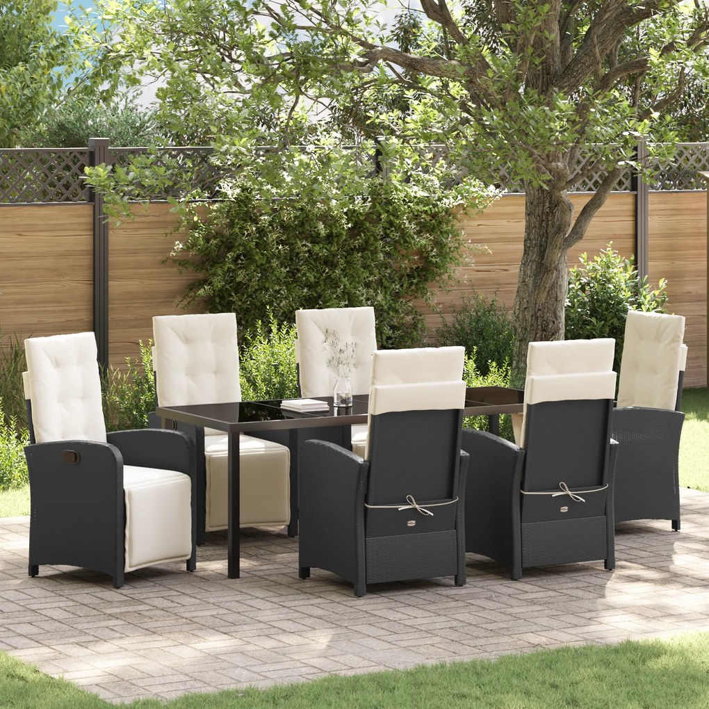 vidaXL Conjunto de Jantar para Jardim de 7 Peças com Almofadas em Polyrattan Preto