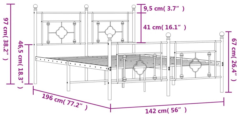 Estrutura de cama com cabeceira e pés 135x190 cm metal preto