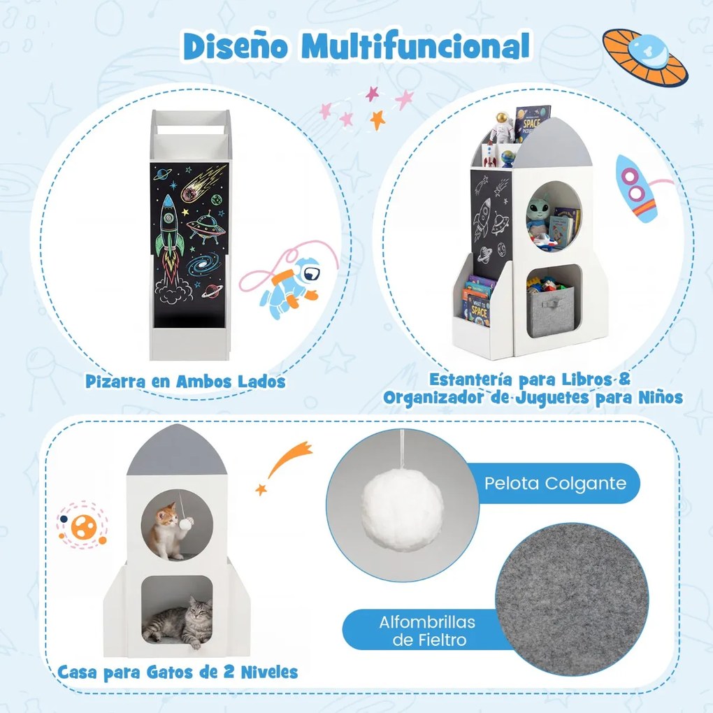 Estante infantil de 3 níveis com tema espacial 60 x 31 x 94 cm, quadro negro e 2 compartimentos para sala de aula, brinquedos e creche – Branco + Cinz