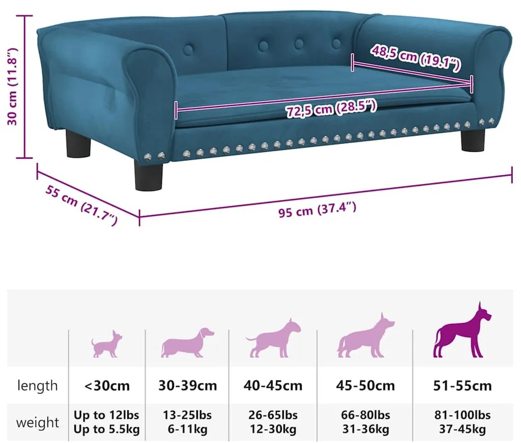 Cama para cães 95x55x30 cm veludo azul