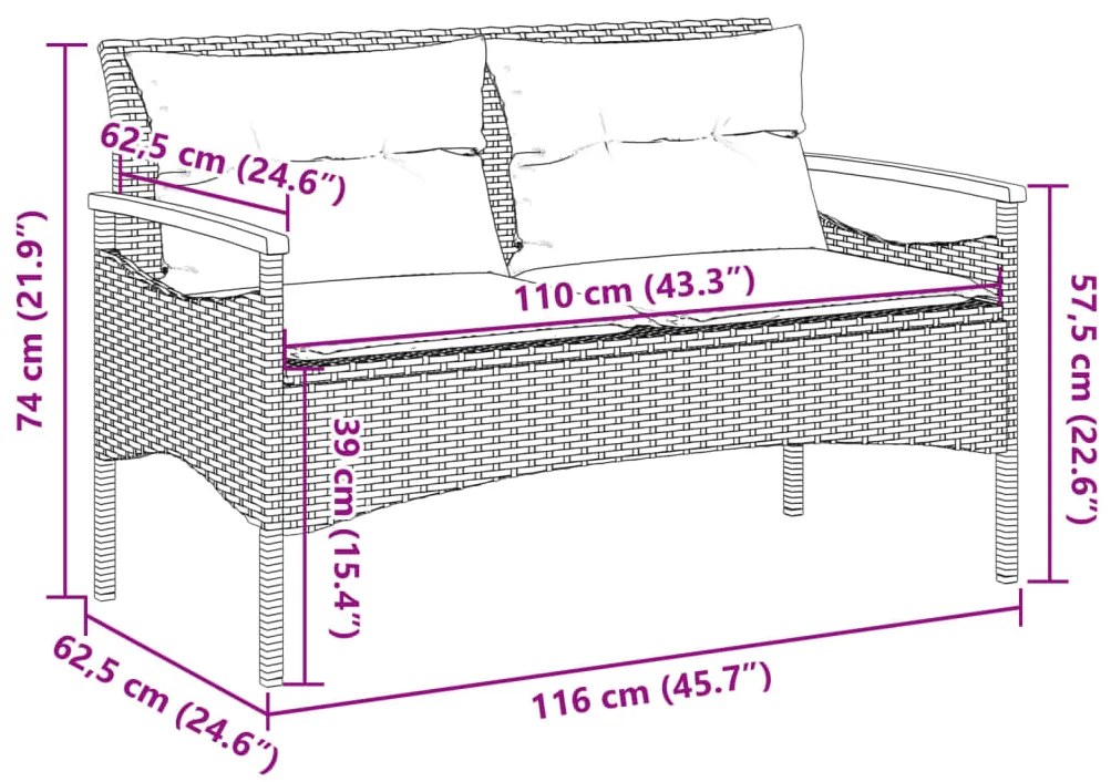 Banco de jardim c/ almofadões 116x62,5x74 cm vime PE bege