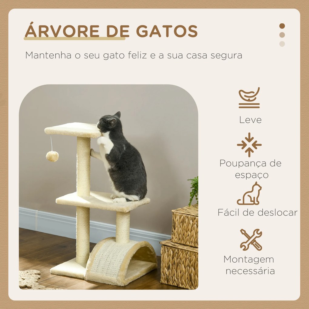 Arranhador para Gatos de 3 Níveis com Postes de Sisal Placa para Arranhar e Bola Suspensa 40x35x72 cm Creme