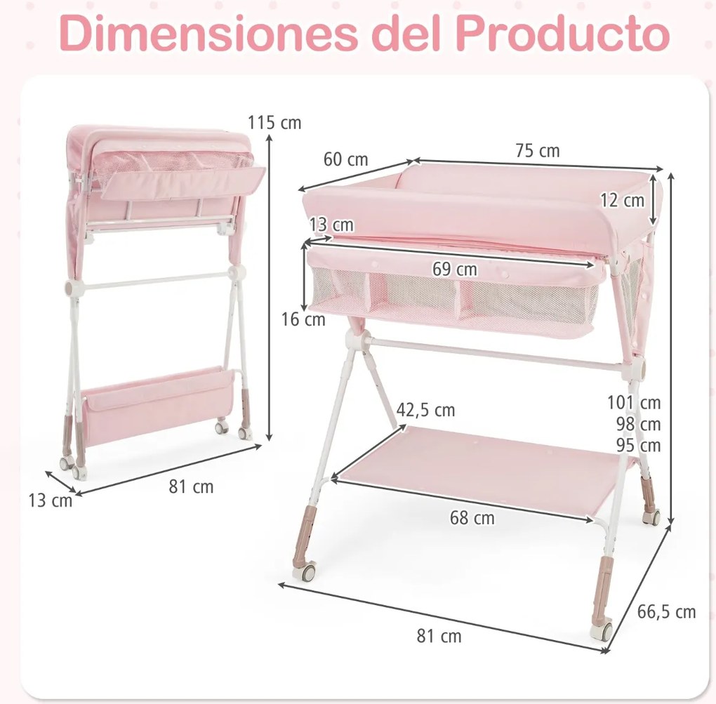 Mesa Trocador fraldas para Bebés Portátil e Dobrável Altura Ajustável 3 Níveis Organizador Móvel com Cesto Prateleira Rodas e Travão Rosa