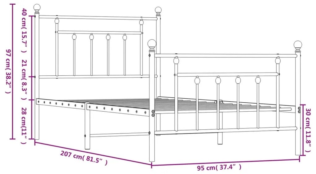 Estrutura de cama com cabeceira e pés 90x200 cm metal preto