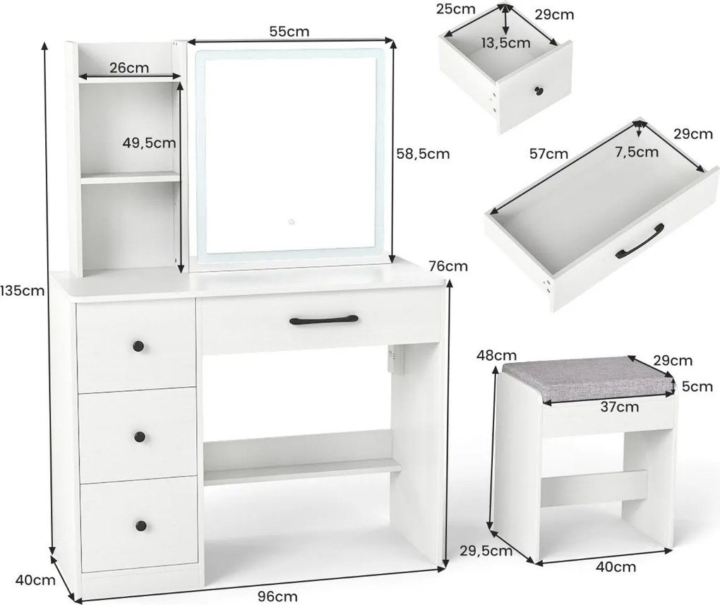 Toucador com espelho 96 x 40 x 135 cm e luzes e banco com 4 gavetas e prateleiras de armazenamento com luz ajustável Branco