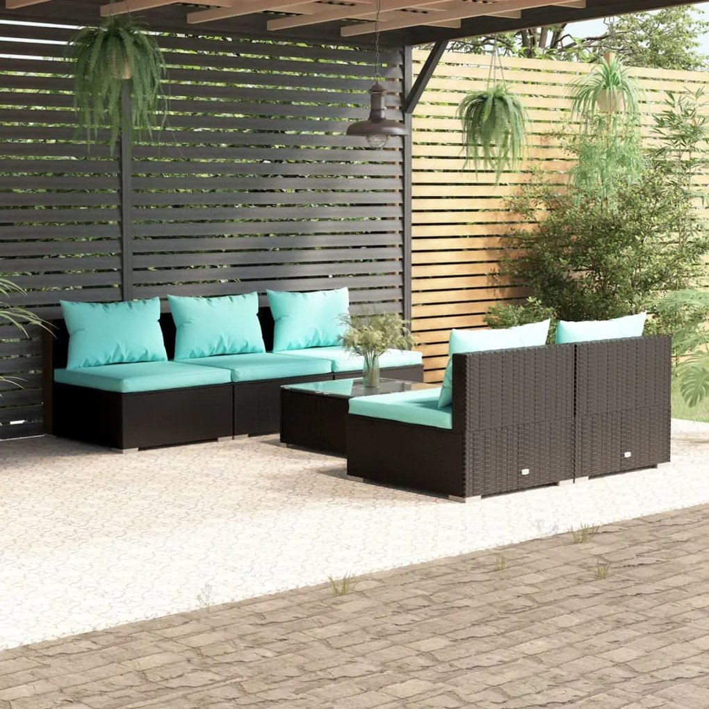 vidaXL 6 pcs conjunto lounge de jardim c/ almofadões vime PE preto