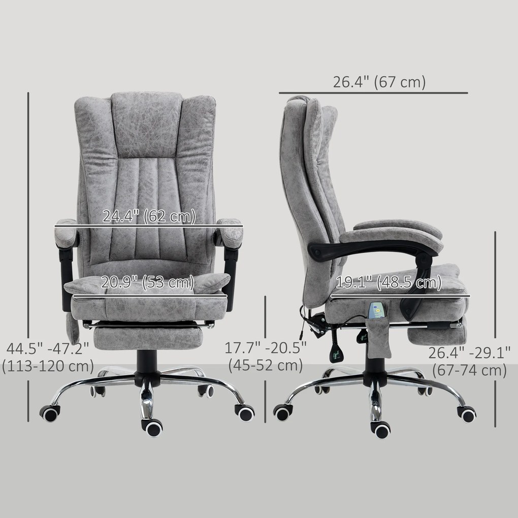Cadeira de Escritório com 6 Pontos de Massagem Giratória Encosto Reclinável 135º Função de Aquecimento 62x67x113-120 cm Cinza