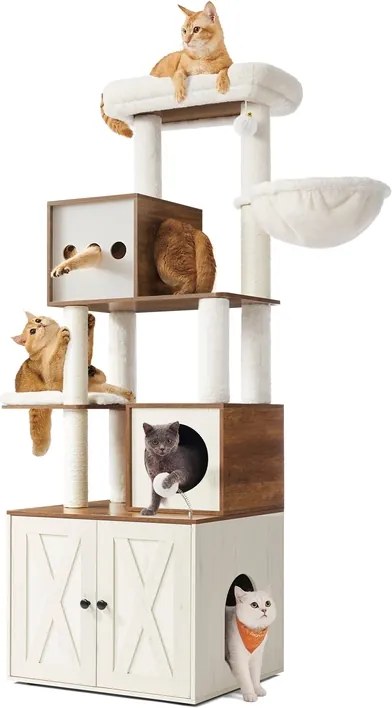 Arranhador para gatos com armário para caixa de areia, 100 x 61 x 178 cm, castanho-mel e branco vintage