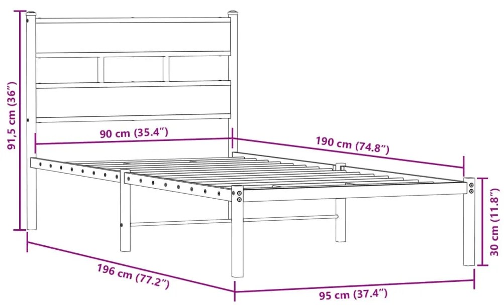 Estrutura de cama sem colchão 90x190 cm metal carvalho fumado