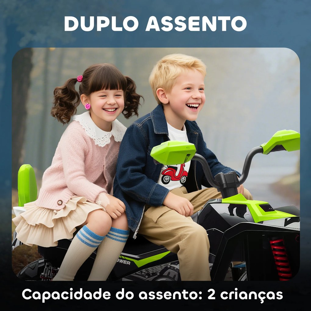 Moto 4 Elétrica para Crianças 24V com 2 Lugares 2 Motores Velocidade até 6,5 km/h Faróis Buzina Música e USB 109x68,5x76 cm Verde