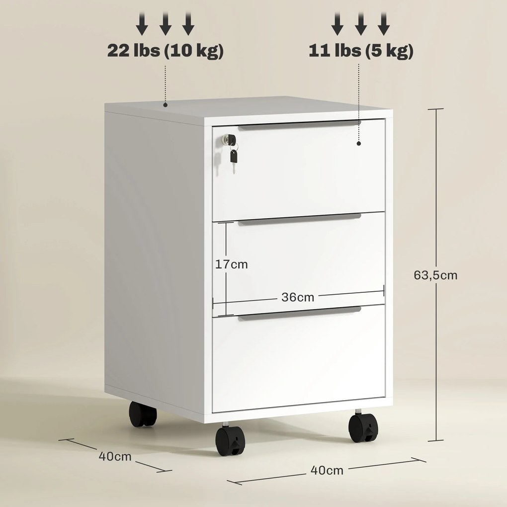 Bloco de Gavetas Móvel de Escritório com 3 Gavetas Fechadura Rodas e Travão para Documentos 40x40x63,5 cm Branco