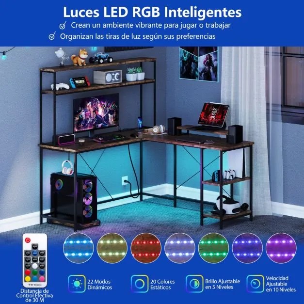 Secretária 145 x 145 x 147 cm em forma de L convertível com tomadas e portas USB e iluminação inteligente castanha
