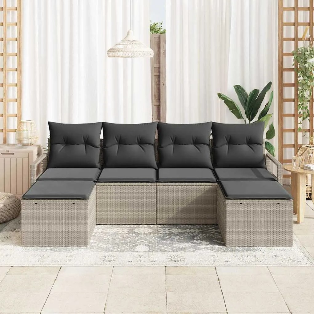 Conjunto de sofá de jardim com 6 peças, almofadas cinza claro em ratta