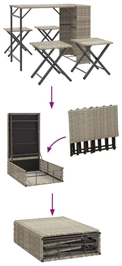 5 pcs conjunto de jantar p/ jardim dobrável vime PE cinza-claro