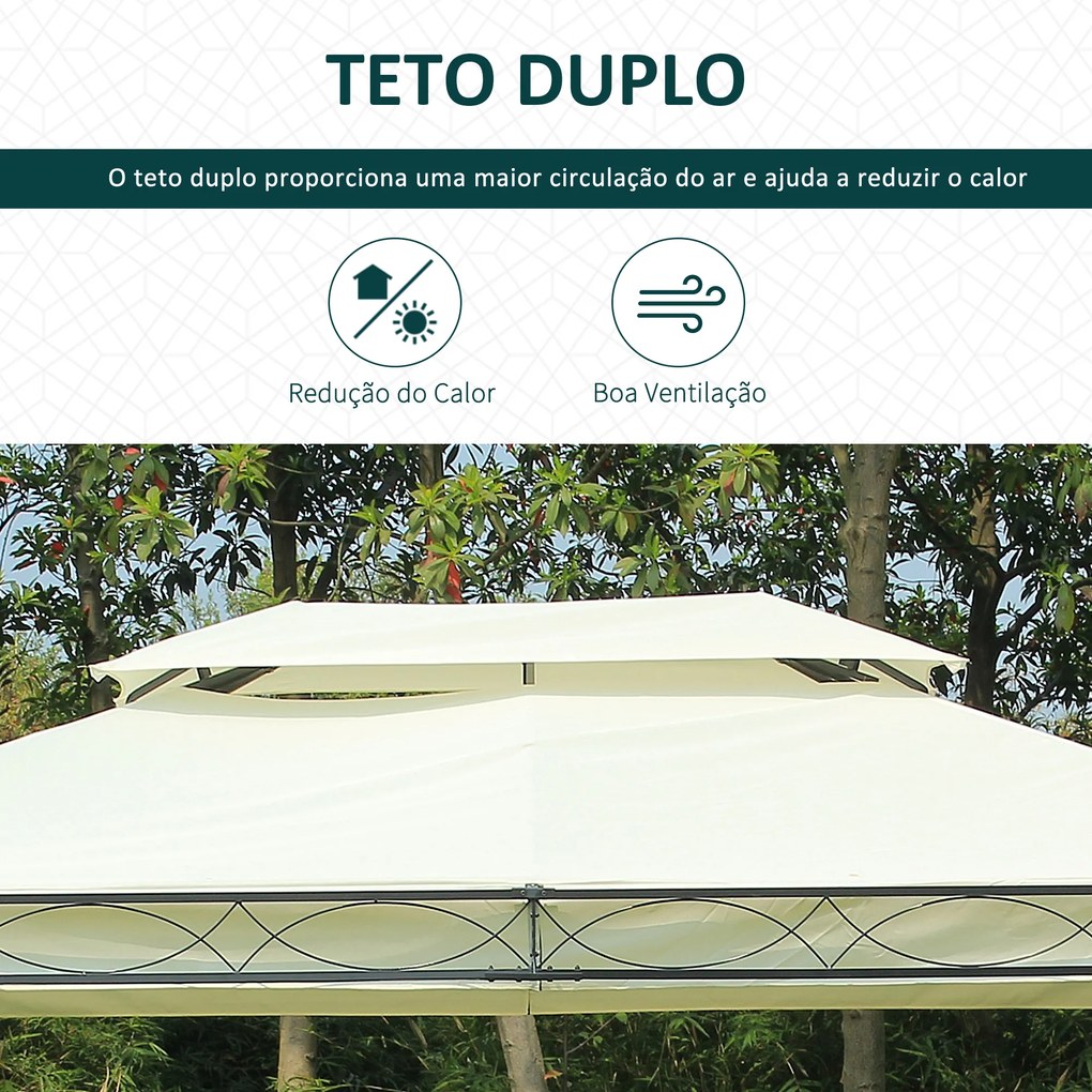 Pérgola de Jardim 4x3 m com Telhado Duplo 4 Cortinas Estrutura de Aço 8 Orifícios de Drenagem Anti-UV Creme