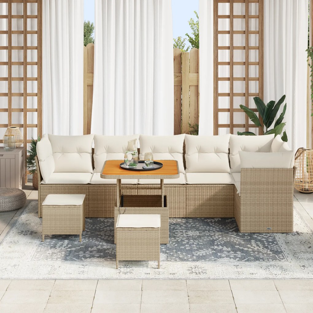 Conjunto de Sofá de Jardim de 9 Peças com Almofadas Beges Rattan Polié