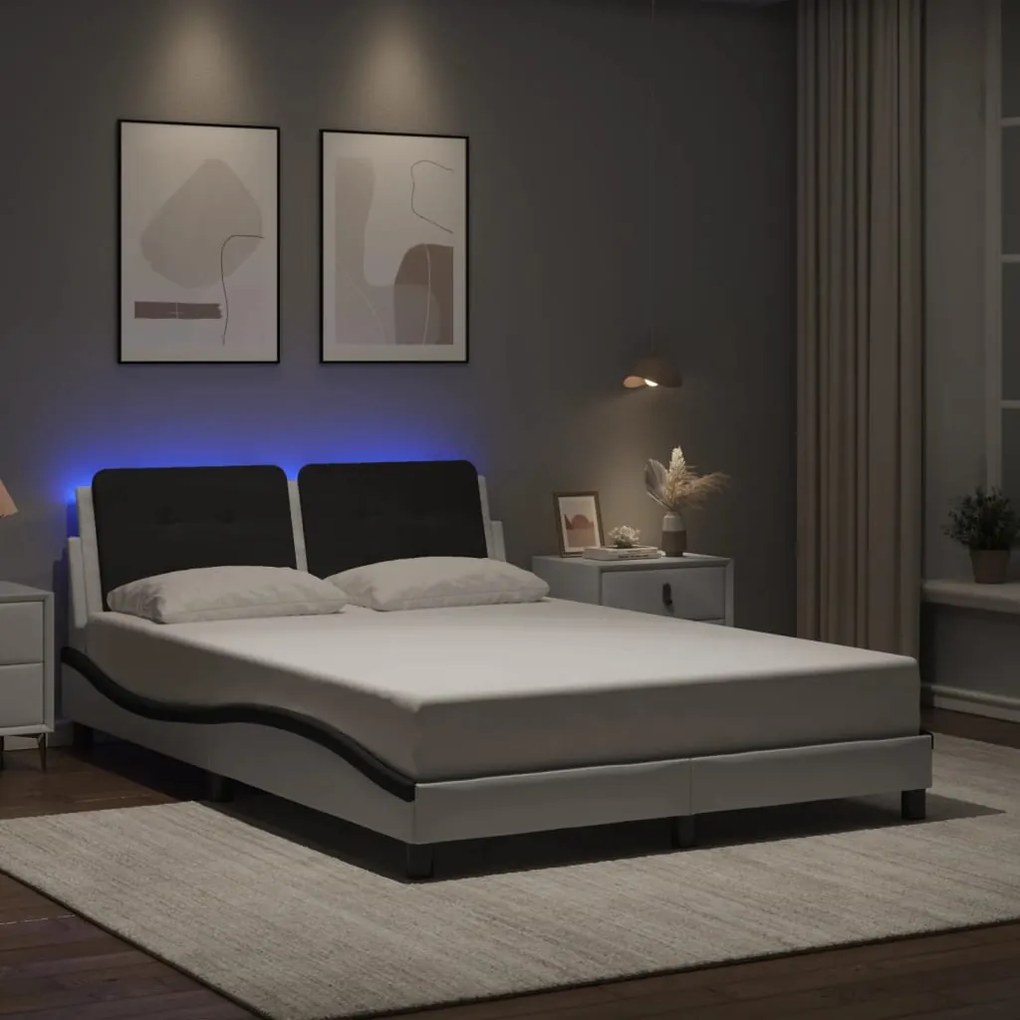 vidaXL Estrutura cama c/ luzes LED 120x200cm couro artif. branco/preto