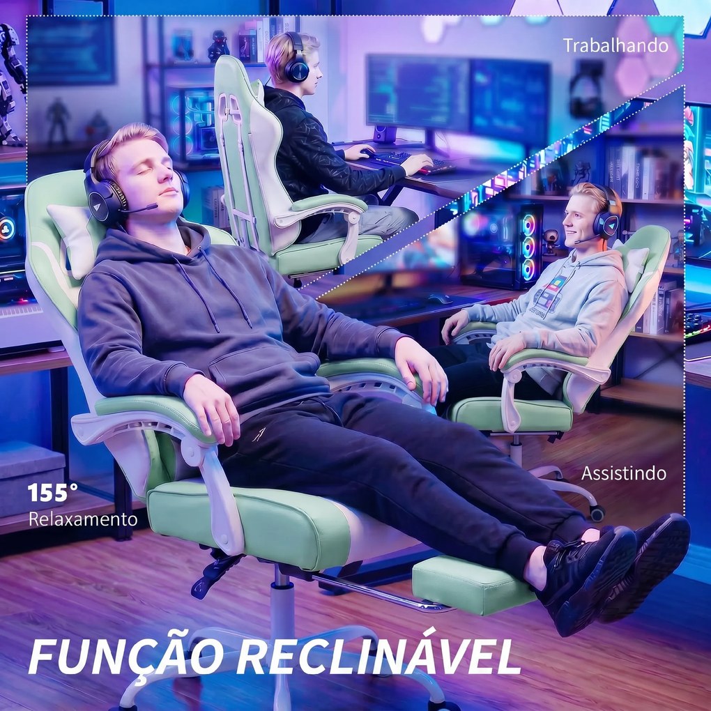 Cadeira Gaming Reclinável 155° com Suporte Lombar com Massagem Apoio de Cabeça e Apoio para os Pés 63x66x126-134 cm Azul Claro
