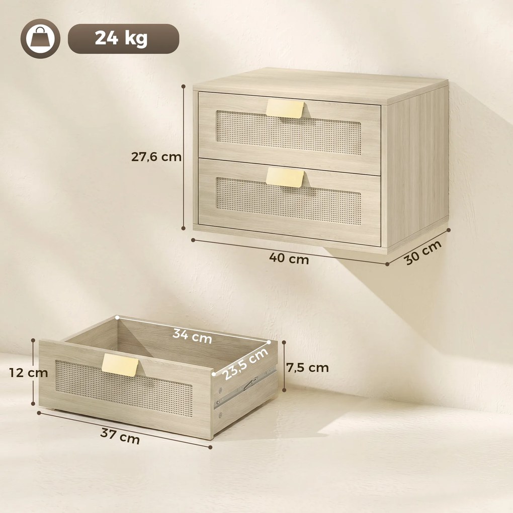 Conjunto de 2 Mesinhas de Cabeceira Suspensas com 2 Gavetas e Frente em Rotim Natural para Quarto 40x30x27,6 cm Carvalho