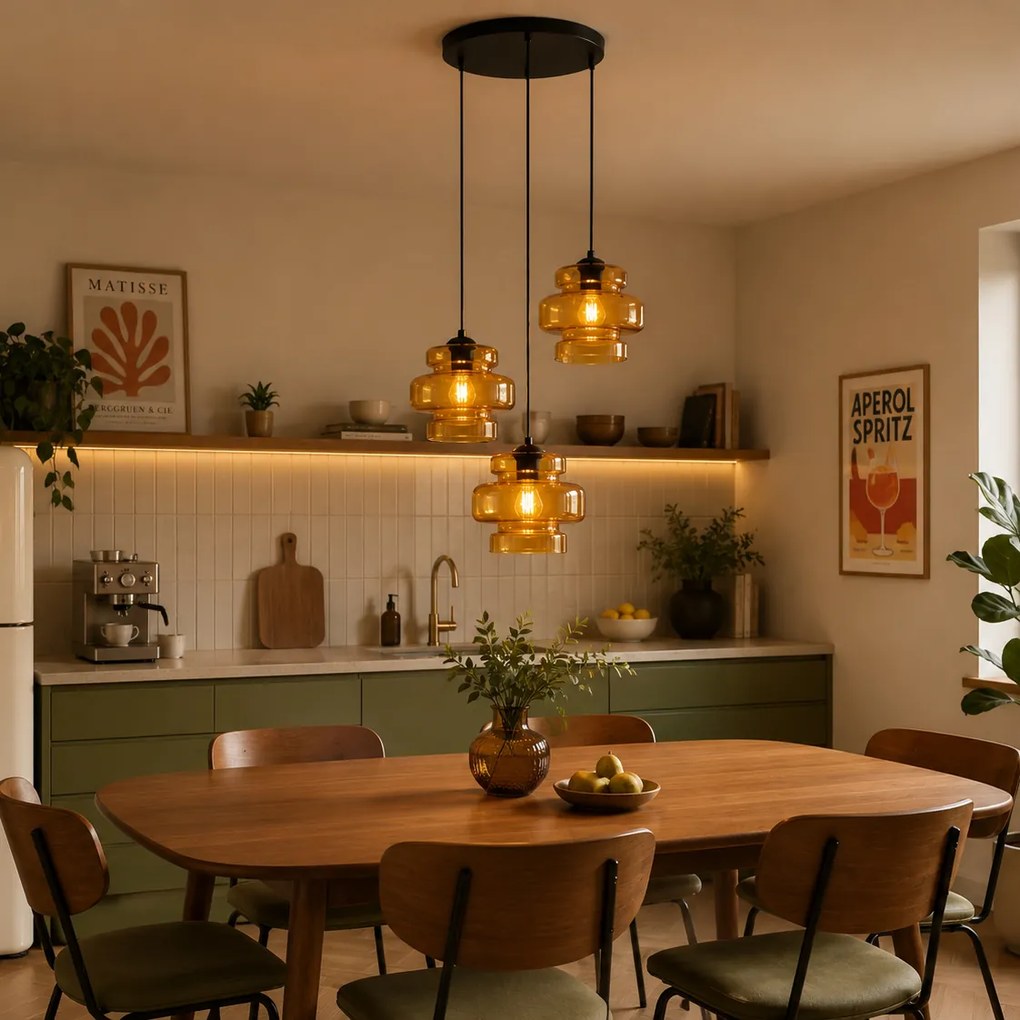 Candeeiro suspenso retro preto com vidro laranja 3 luzes - Denise