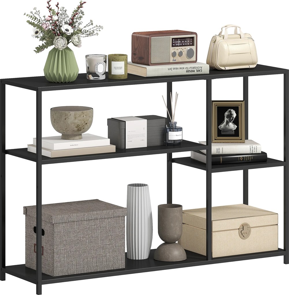 Mesa consola estreito com 4 prateleiras, estilo industrial, estrutura em aço, 110 x 30 x 75 cm, preto