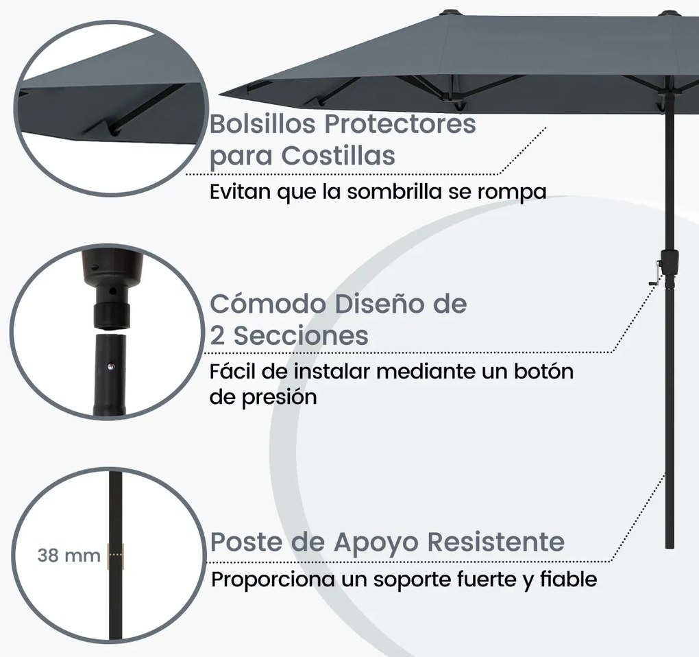 Guarda-sol de 392 cm com dupla face, grande, tamanho duplo, com manivela e 12 varas resistentes para jardim Cinzento