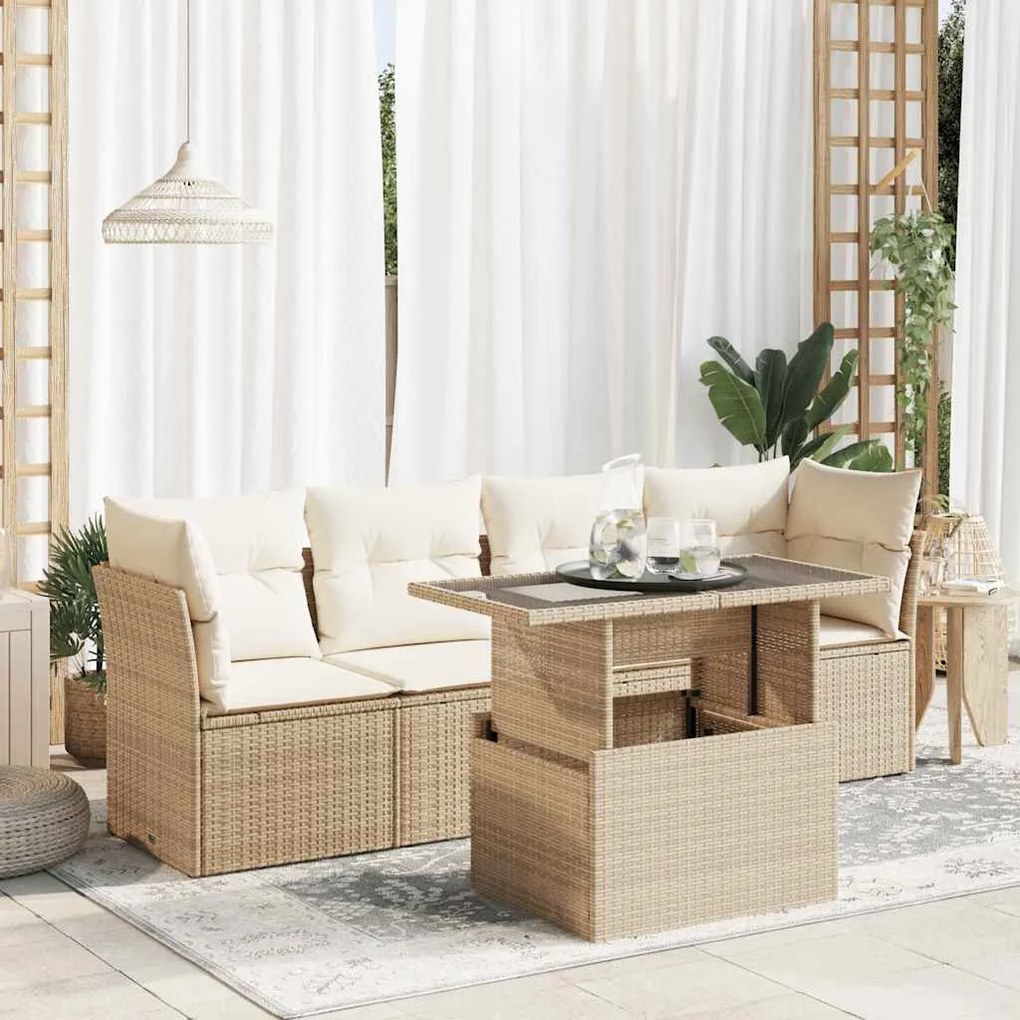 vidaXL 5 pcs conjunto de sofás p/ jardim com almofadões vime PE bege
