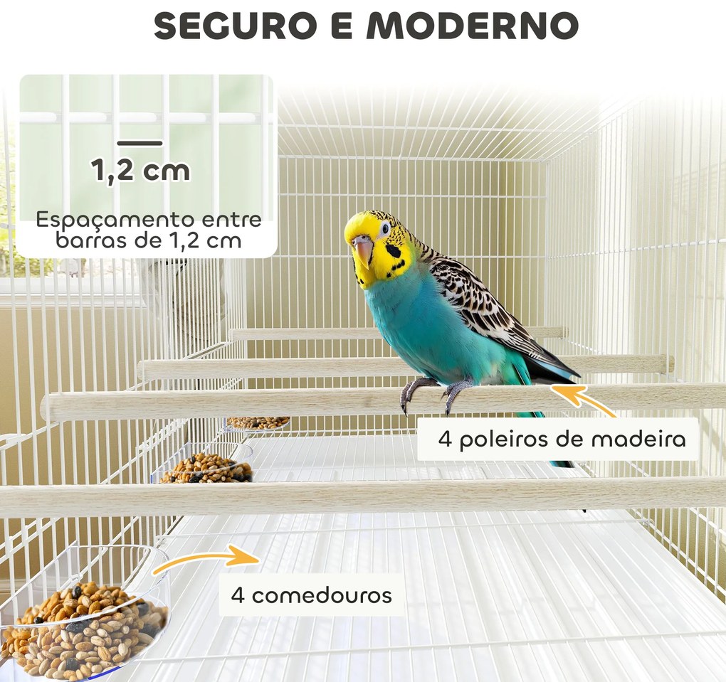 Gaiola para Pássaros com Divisória Rodas Gaiola para Aves com Comedouros Poleiros e Bandeja Removível 76x46x116 cm Branco