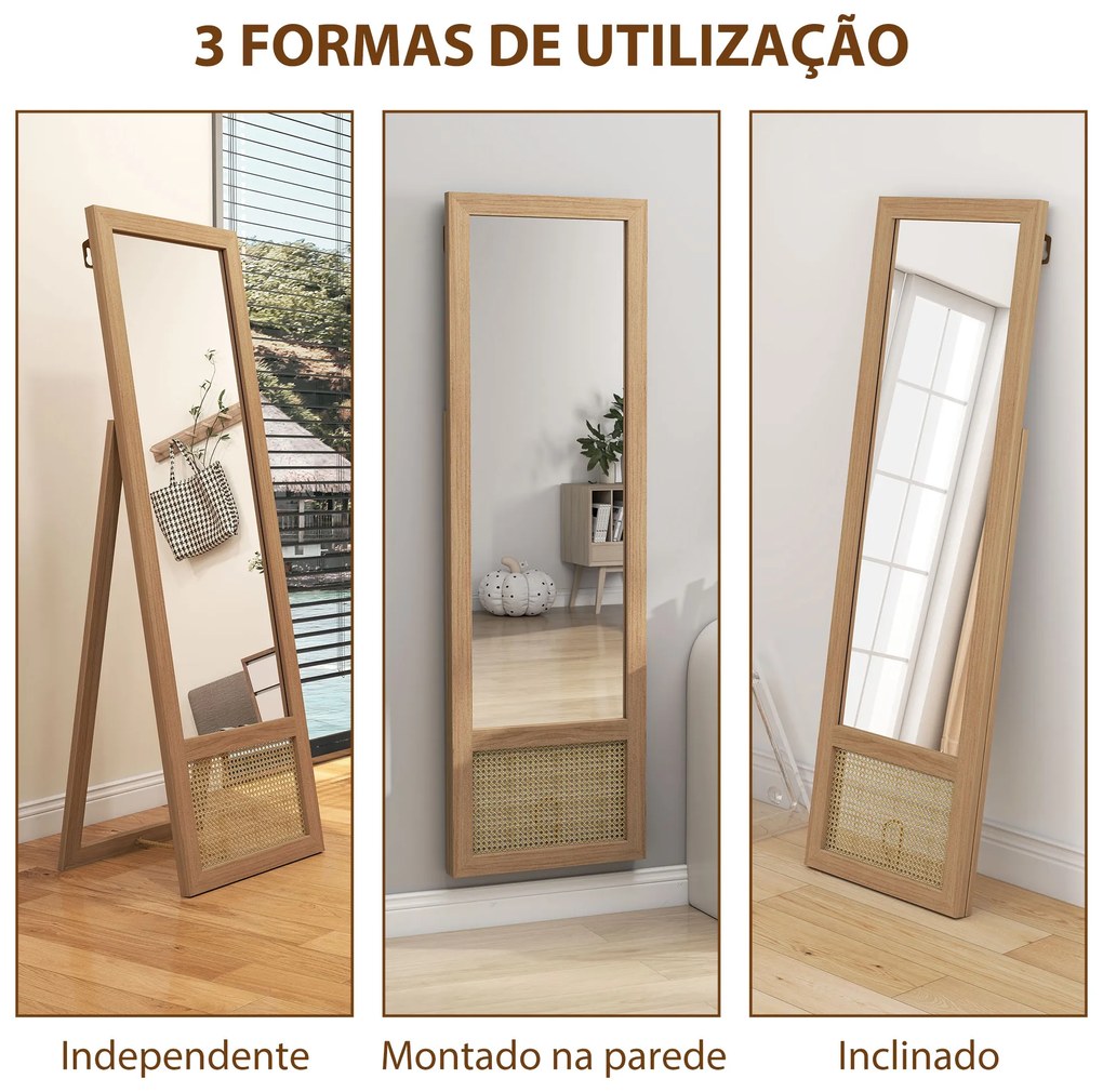 Espelho de Corpo Inteiro 160x50 cm Espelho de Pé ou de Parede com Moldura de Madeira e Suporte Madeira