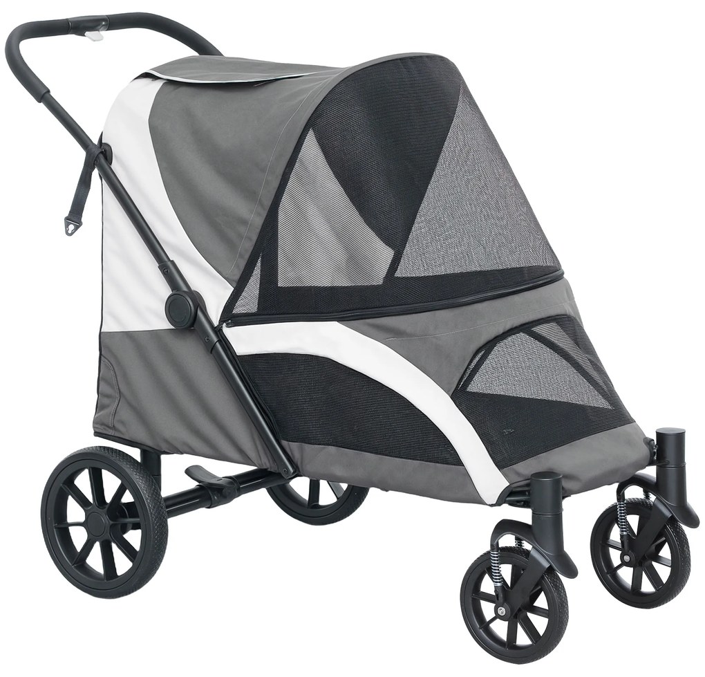 PawHut Carrinho Dobrável para Cães com Janelas de Malha Almofadado Lavável Correias de Segurança 124x67x100 cm Cinzento Escuro | Aosom Portugal