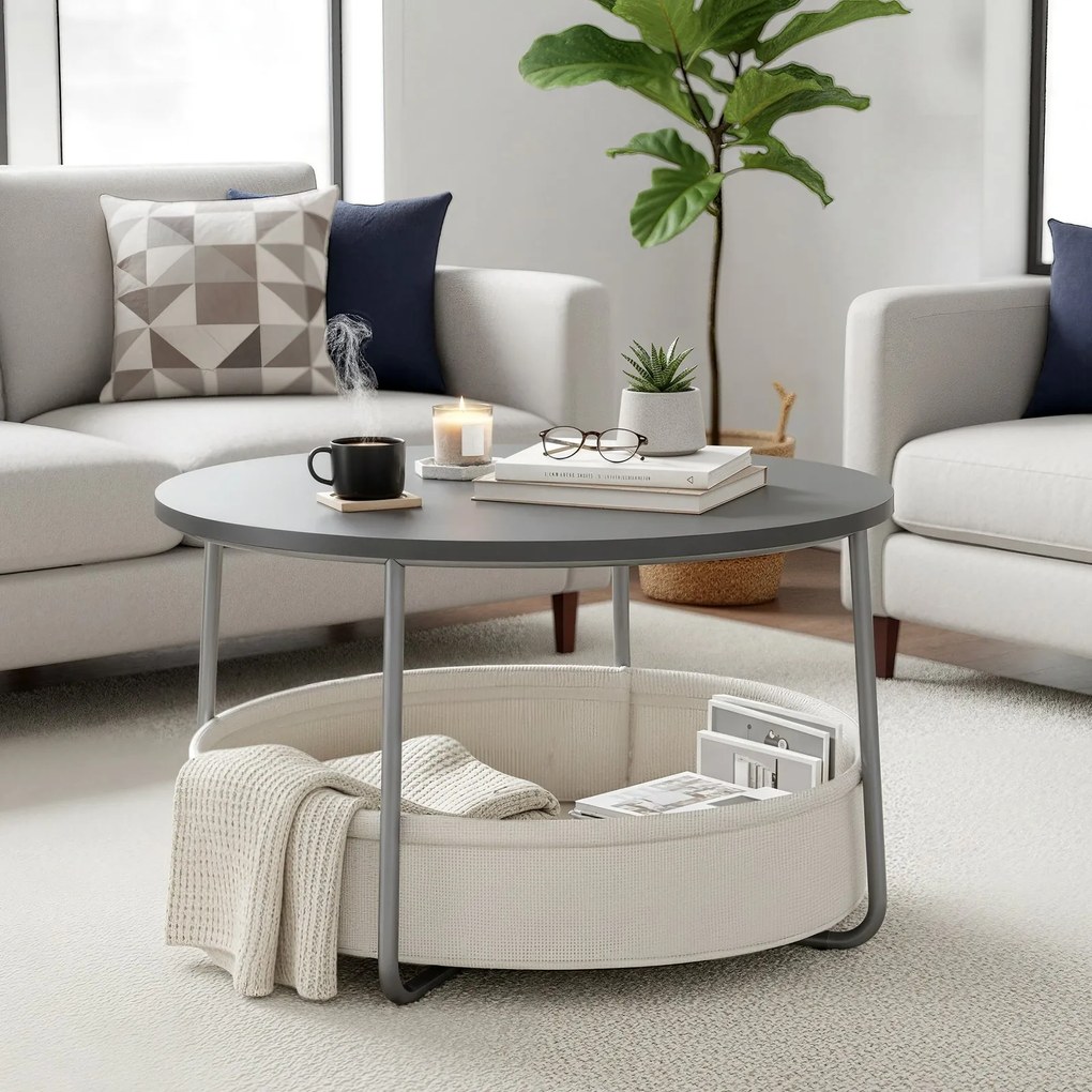 Mesa de centro redonda com cesto em tecido 75 cm de diâmetro e 45 cm de altura cinza cimento-branco creme