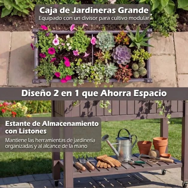 Floreira de jardim elevada Plastico 108 x 44 x 88,5 cm com rodas divisível com monitor de água, orifício de drenagem, prateleira para legumes e ervas,