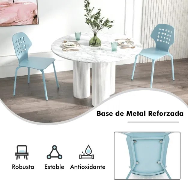 Conjunto de 4 cadeiras de jantar modernas em meta com costas ocas e pernas em metal Cadeira de hóspedes sem braços Azul