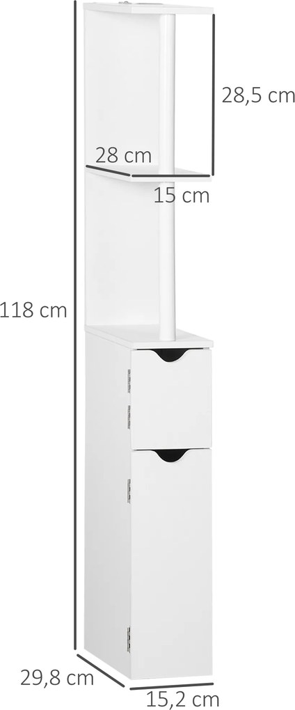Coluna Casa de Banho com 2 Portas e 2 Prateleiras Armário Alto para Casa de Banho Estilo Moderno 15,2x29,8x118cm Branco