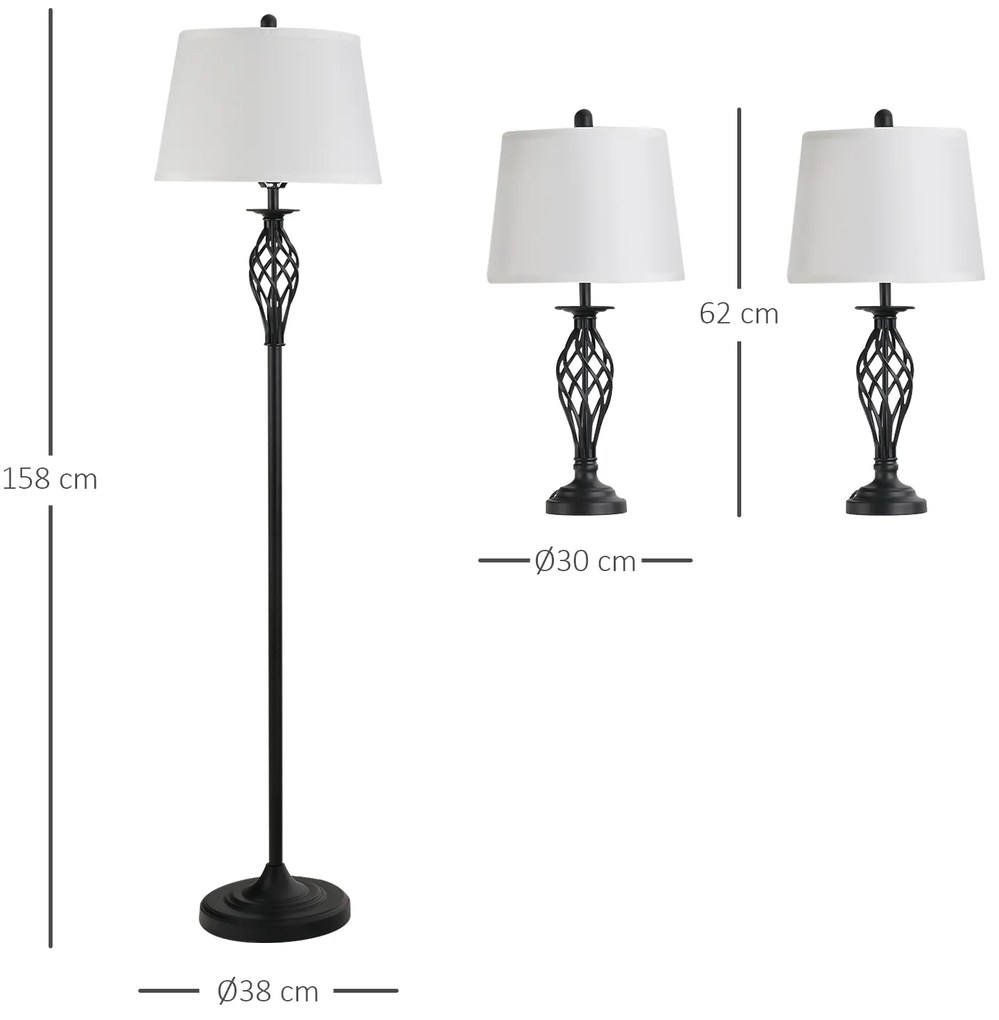 Conjunto de 2 Candeeiros de Mesa e Candeeiro de Pé com Ecrã de Tecido E27 Máx. 40W IP20 e Interruptor de Pé Candeeiros para Sala de Estar Dormitório Ø