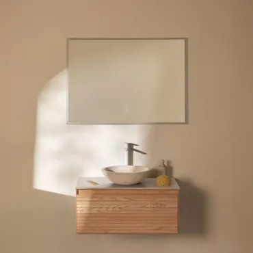 Conjunto De Móvel De Casa De Banho Suspenso Em Madeira De Freixo Tedrik Castanho Fresno & Cimento Redondo Branco Ø40 Cm Zavion & Led - Sklum