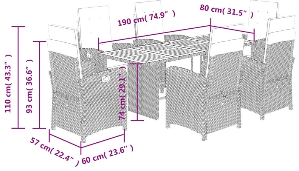 7 pcs conjunto de jantar p/ jardim c/ almofadões vime PE cinza