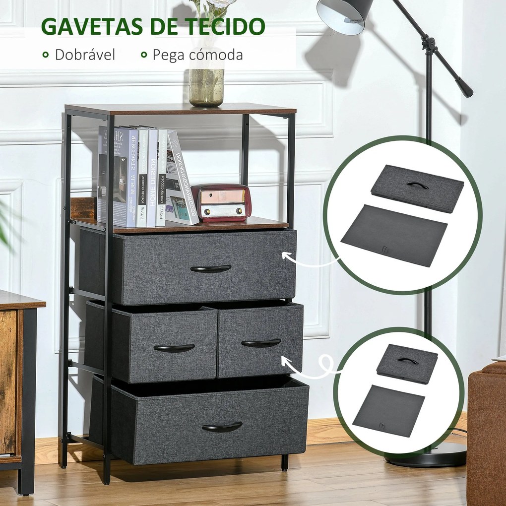 Cómoda com 4 Gavetas Dobráveis e Prateleira Aberta Cómoda com Gavetas de Tecido para Escritório Dormitórios Estilo Industrial Anti-Tombo 58x29x103cm M