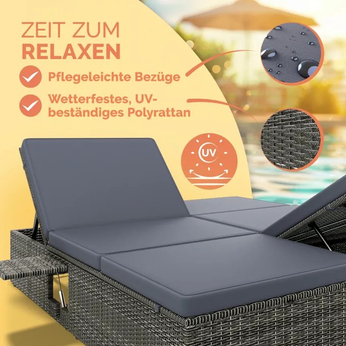 Espreguiçadeira dupla jardim Polyrattan 200x160x33cm Cinza/Antracite