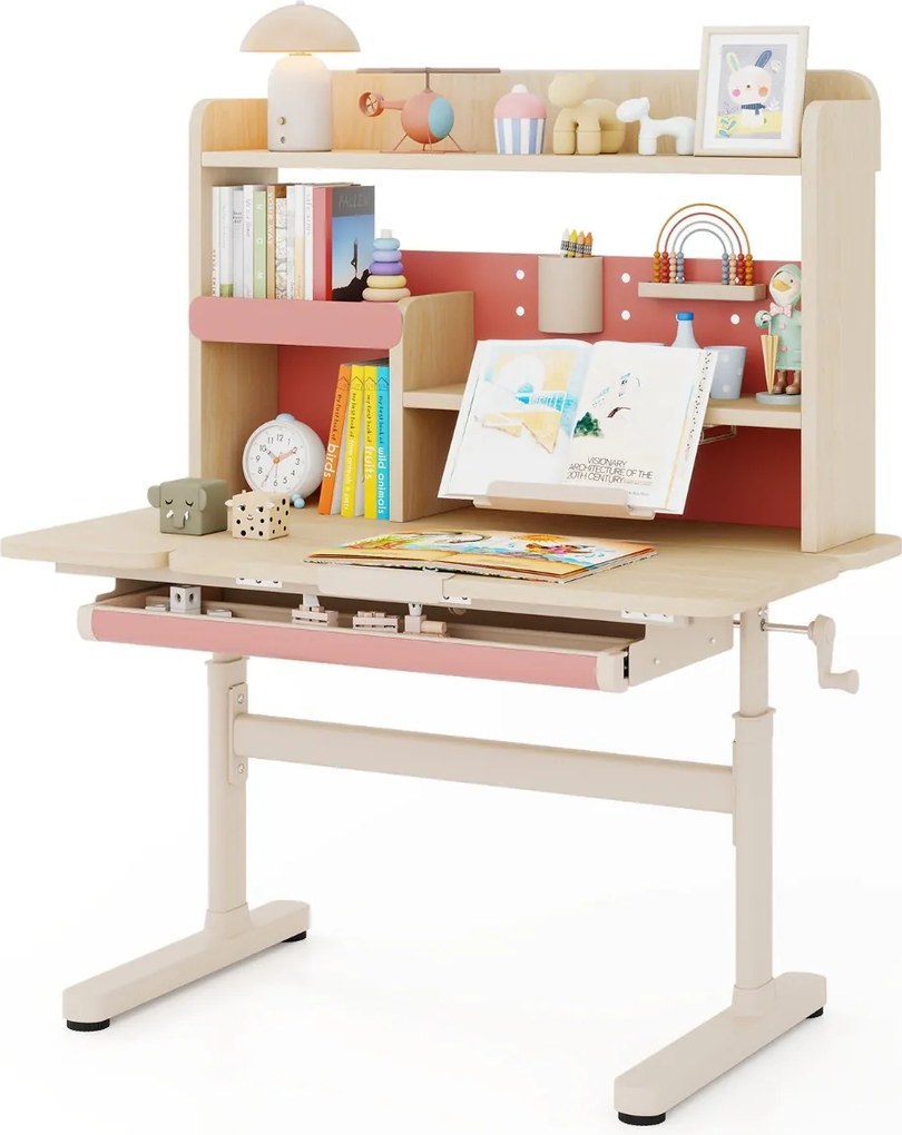 Conjunto de secretária e cadeira infantil com estante e gaveta Superfície inclinável Cadeira com altura e encosto ajustáveis Rosa