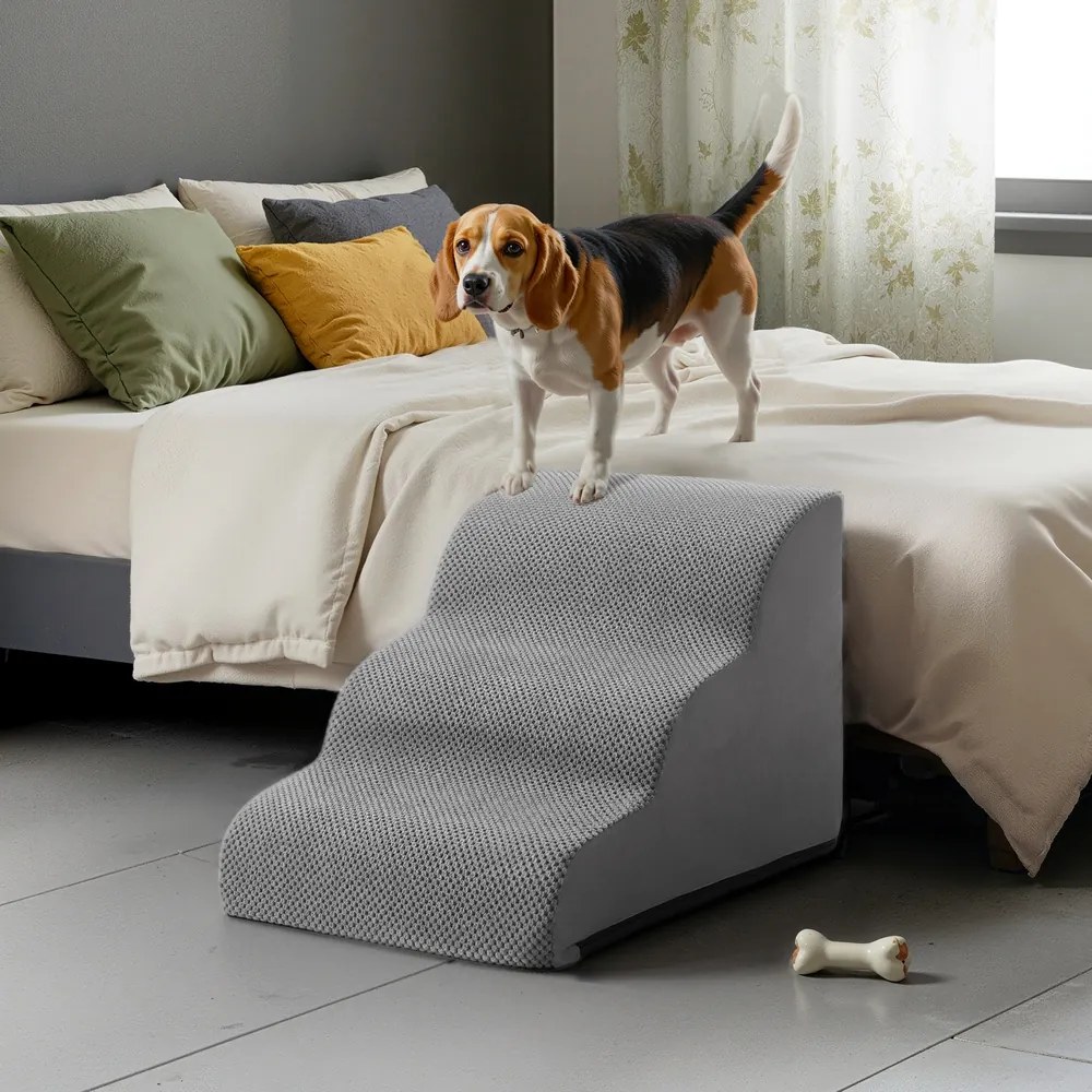 Escada para cães, 3 degraus 57 x 40 x 40 cm – Escada para animais de estimação, tecido waffle cinza ardósia
