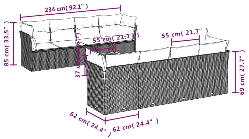 9 pcs conjunto de sofás p/ jardim c/ almofadões vime PE preto