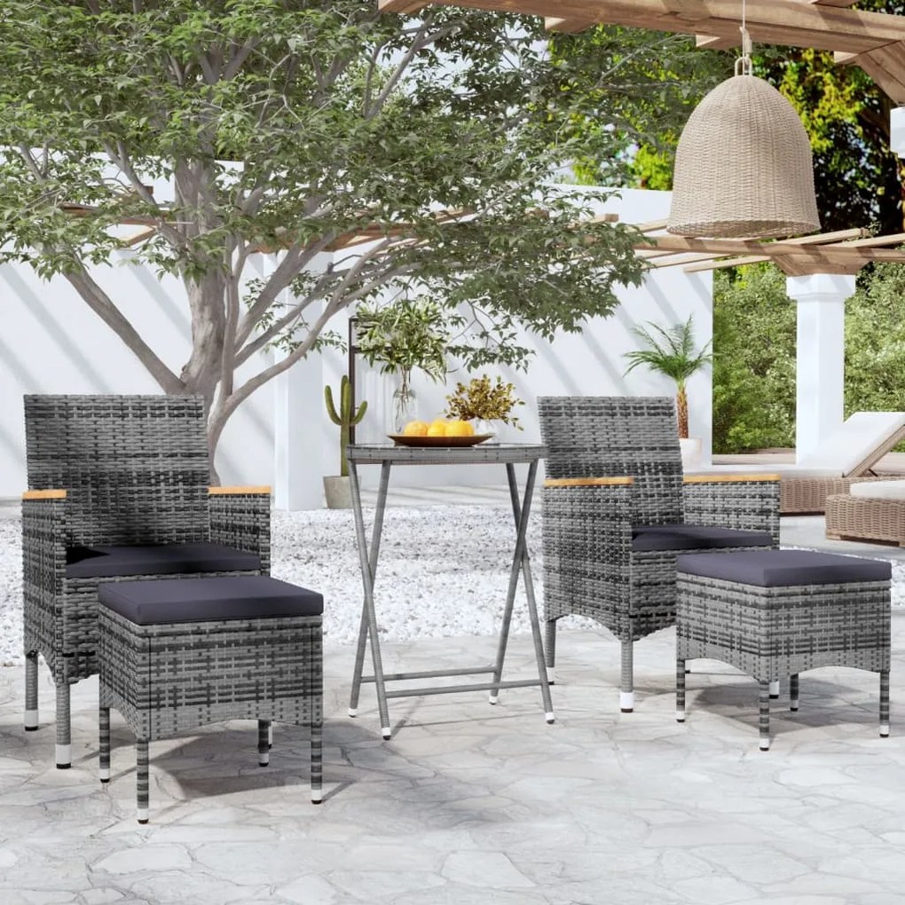 vidaXL 5 pcs conj. bistrô de jardim vime PE e vidro temperado cinzento