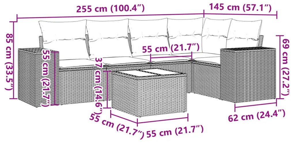 6 pcs conjunto sofás de jardim c/ almofadões vime PE preto