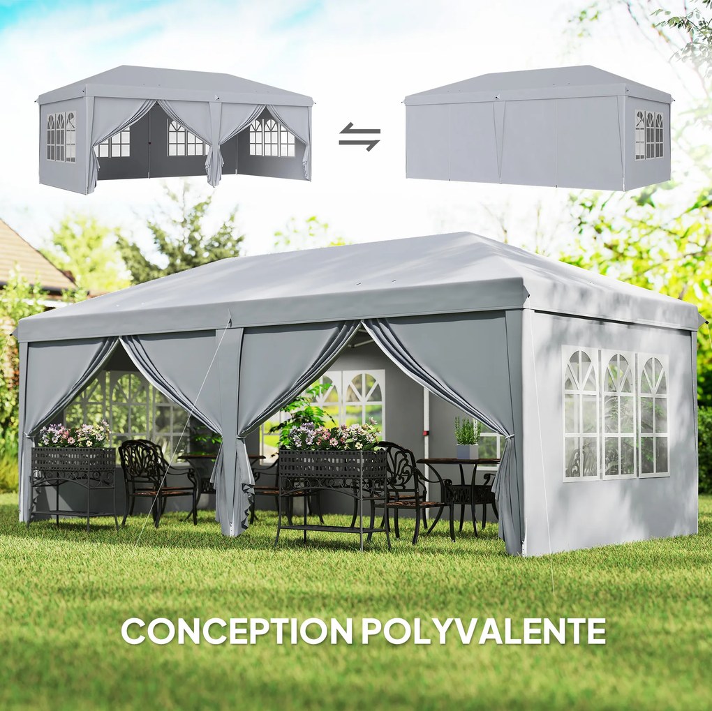 Tenda dobrável tipo barnum pop-up 6 x 3 x 2,7 m, 4 paredes laterais amovíveis, 4 janelas, saco de transporte cinzento claro
