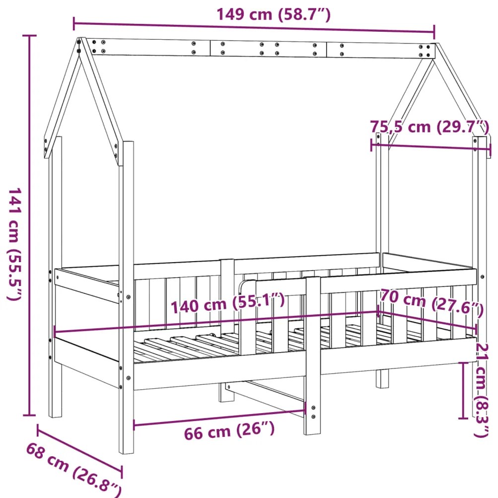 Cama infantil formato casa 70x140 cm pinho maciço branco