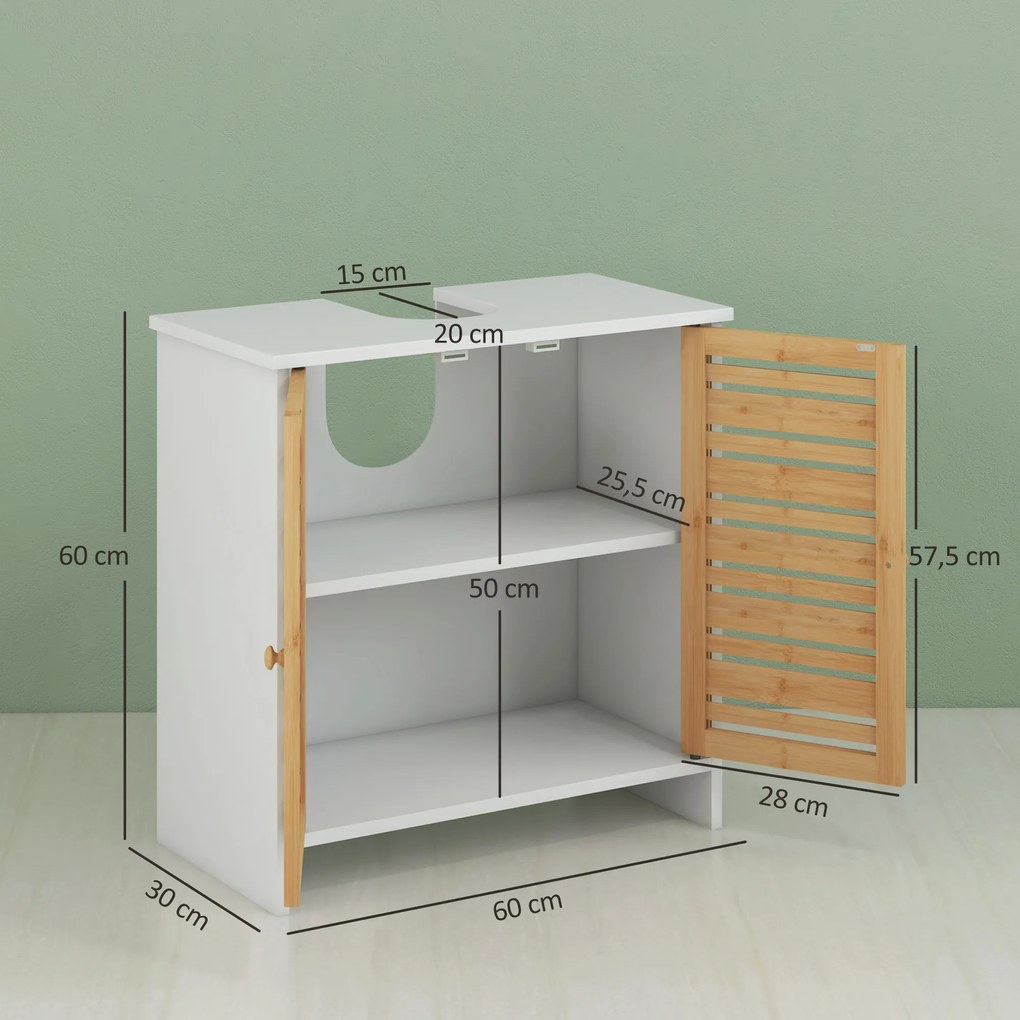 Móvel para Lavatório Moderno com Portas Magnéticas de Bambu e Estante Ajustável 60x30x60 cm Branco e Madeira