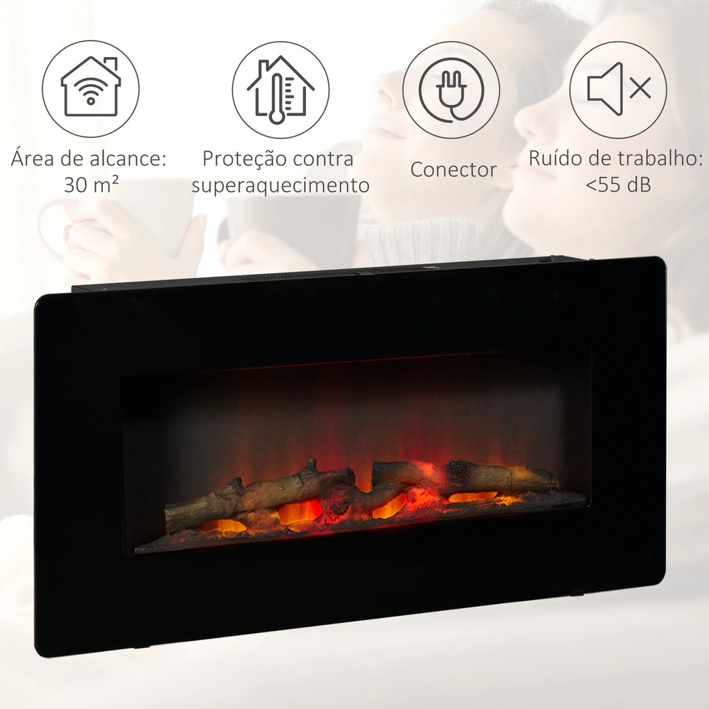 HOMCOM Lareira Elétrica de Parede 1800-2000W com Controle Remoto Simulação de Chama com Brilho Regulável Termostato e Temporizador para Salas de 30m² 91,4x11x44cm Preto