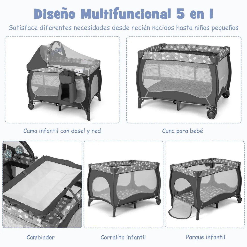 Berço de viagem dobrável 5 em 1 Centro de berçário portátil para bebés com Moisés Berço Trocador Toldo Música Rodas 102 x 72 x 74 cm Cinzento