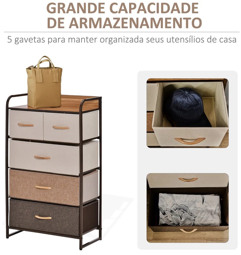 Cómoda de Tecido com 5 Cestos Removíveis e Dobráveis Base Elevada Móvel de Armazenamento para Dormitório Sala de Estar 58x29x99cm Multicor